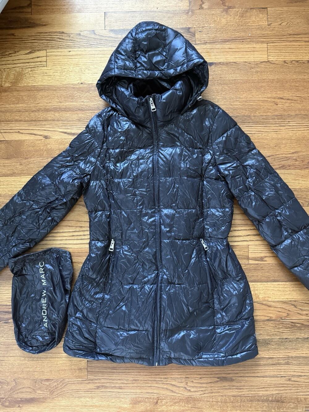 Andrew Marc Women’s Black Packable Down Puffer Jacket with Hood Size L